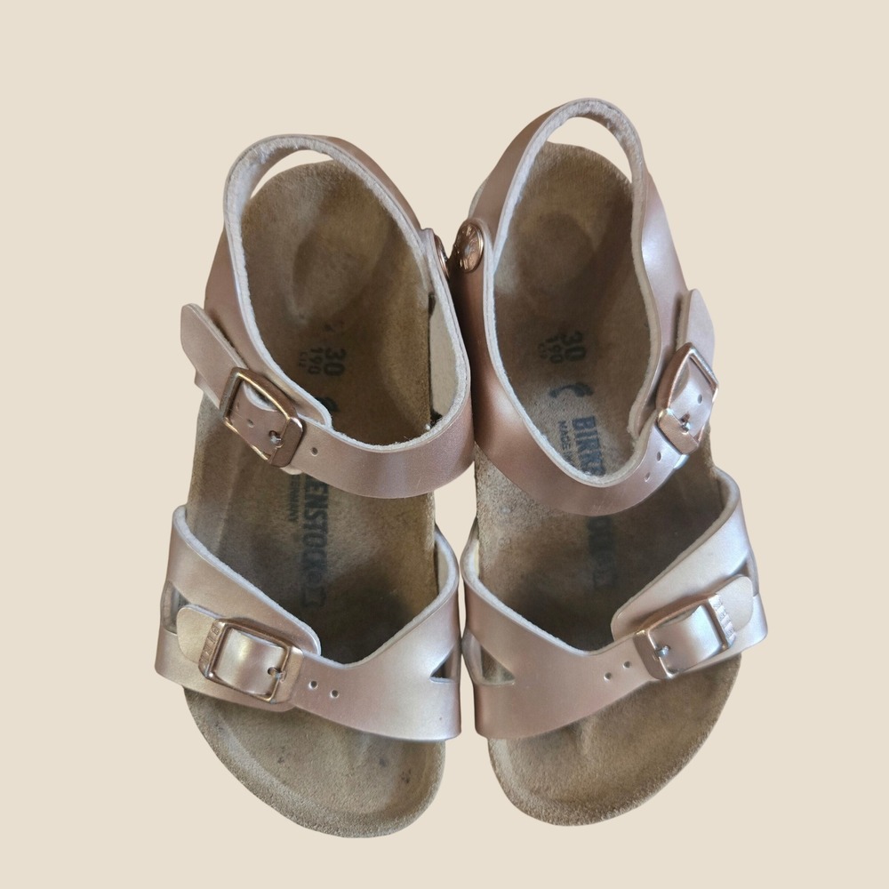 Birkenstock Rio Kids Rose Gold Metallic Sandals Size 30 L12 M9 Cork Footbed